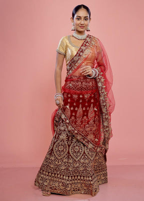 3 Pc Red Semi Stitched Velvet Lehenga Set - Indian Silk House Agencies