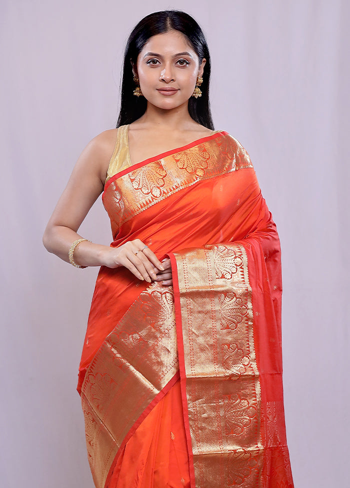 Orange Kanjivaram Silk Saree With Blouse Piece - Indian Silk House Agencies