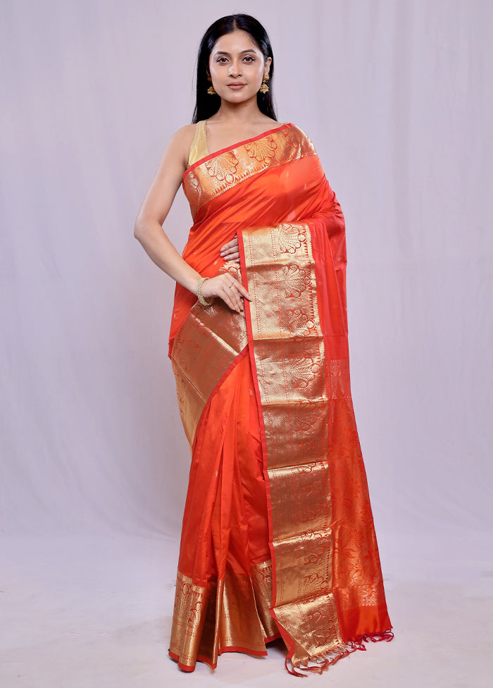 Orange Kanjivaram Silk Saree With Blouse Piece - Indian Silk House Agencies