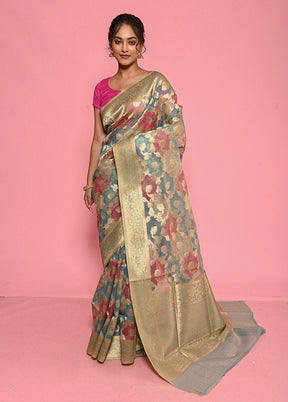 Blue Organza Saree With Blouse Piece - Indian Silk House Agencies