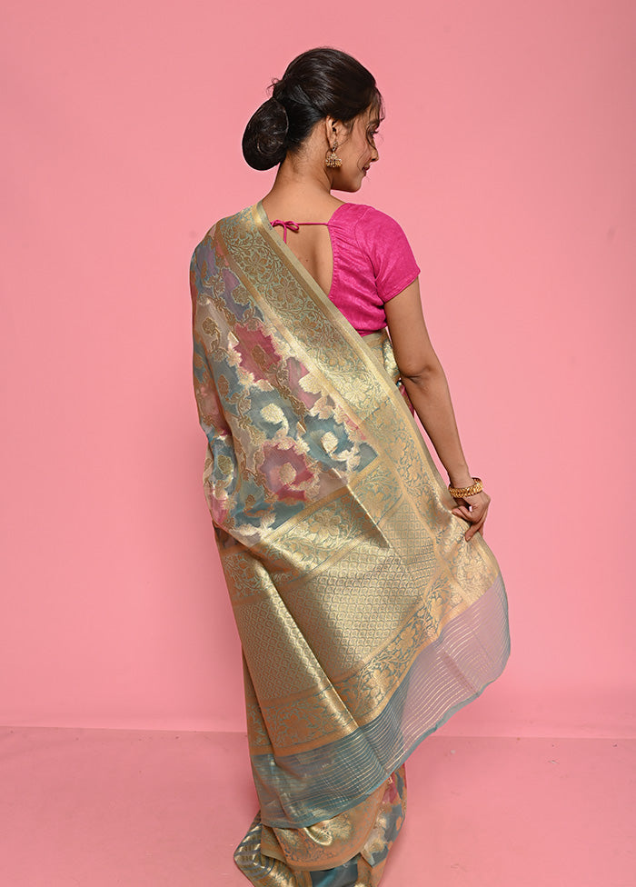 Blue Organza Saree With Blouse Piece - Indian Silk House Agencies