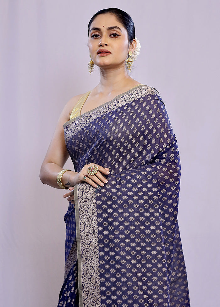 Blue Cotton Saree With Blouse Piece - Indian Silk House Agencies