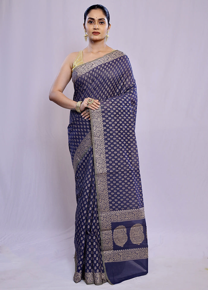 Blue Cotton Saree With Blouse Piece - Indian Silk House Agencies