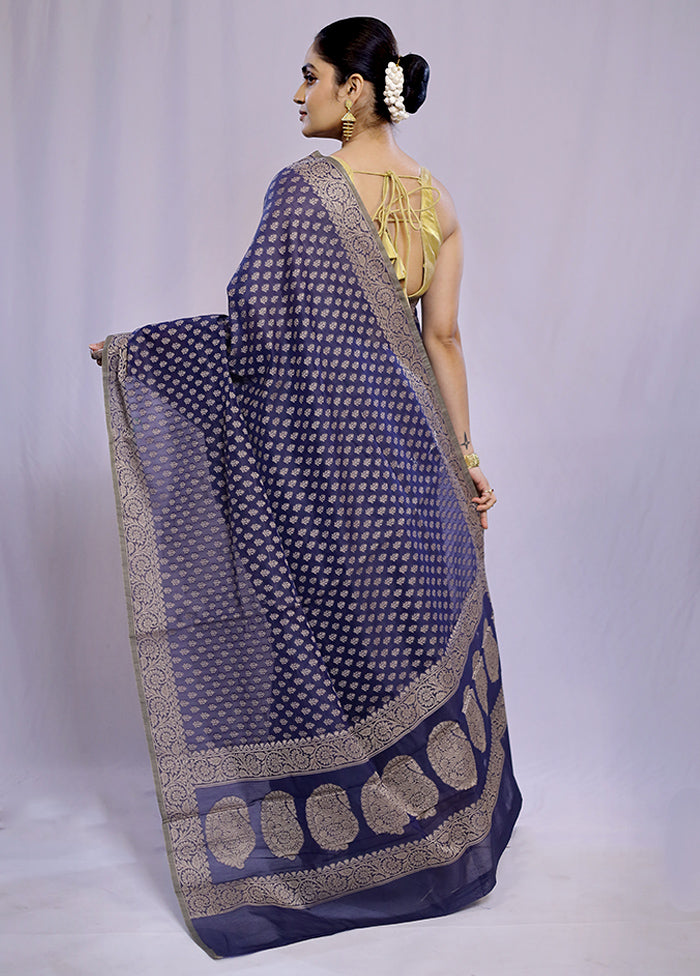 Blue Cotton Saree With Blouse Piece - Indian Silk House Agencies