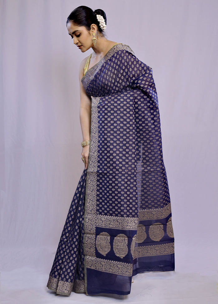 Blue Cotton Saree With Blouse Piece - Indian Silk House Agencies