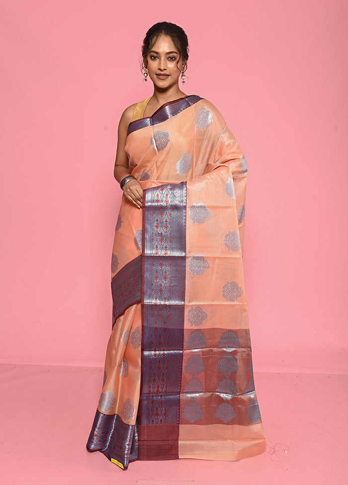 Peach Kora Silk Saree With Blouse Piece - Indian Silk House Agencies