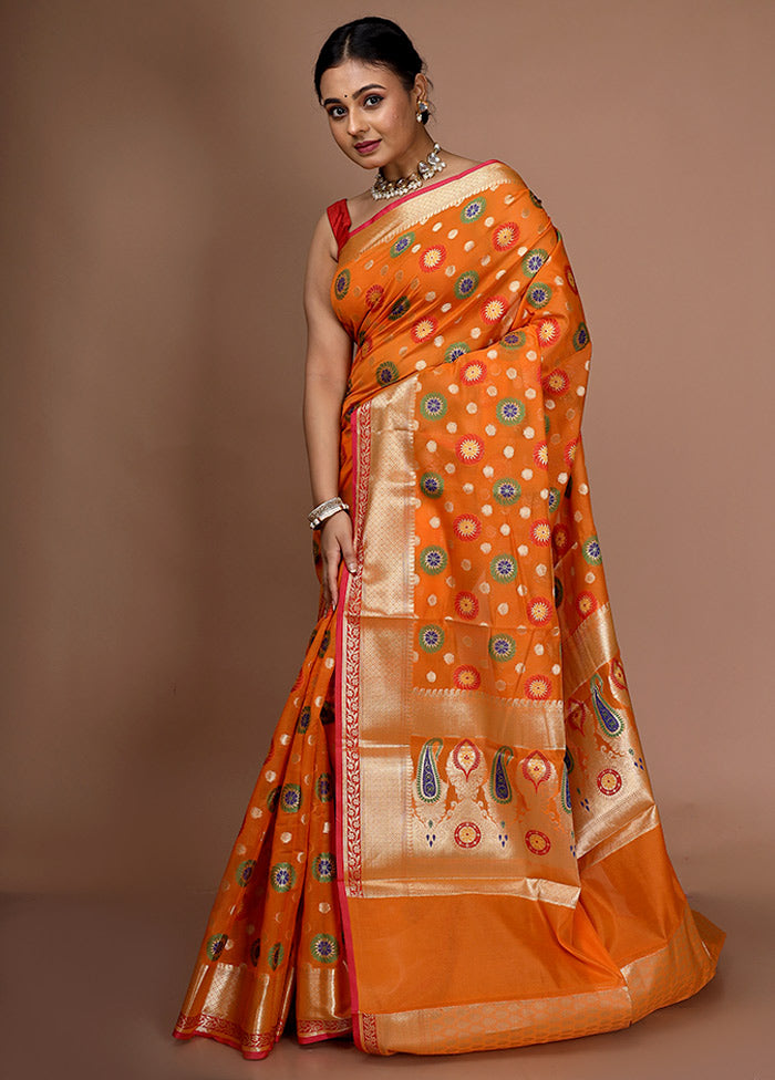 Orange Kora Silk Saree With Blouse Piece - Indian Silk House Agencies