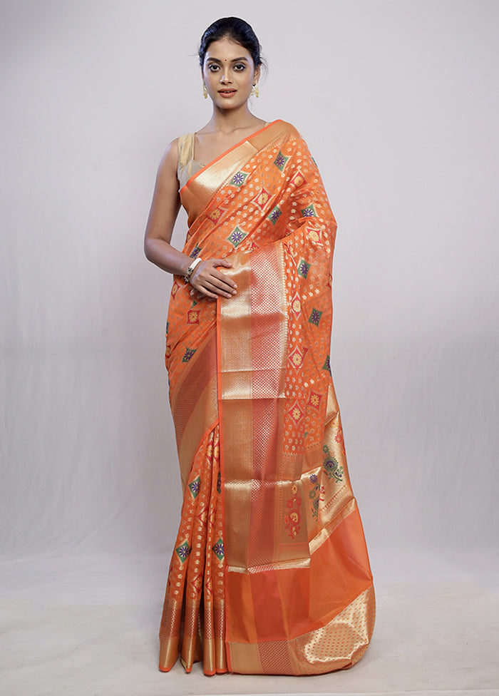 Orange Kora Silk Saree With Blouse Piece - Indian Silk House Agencies