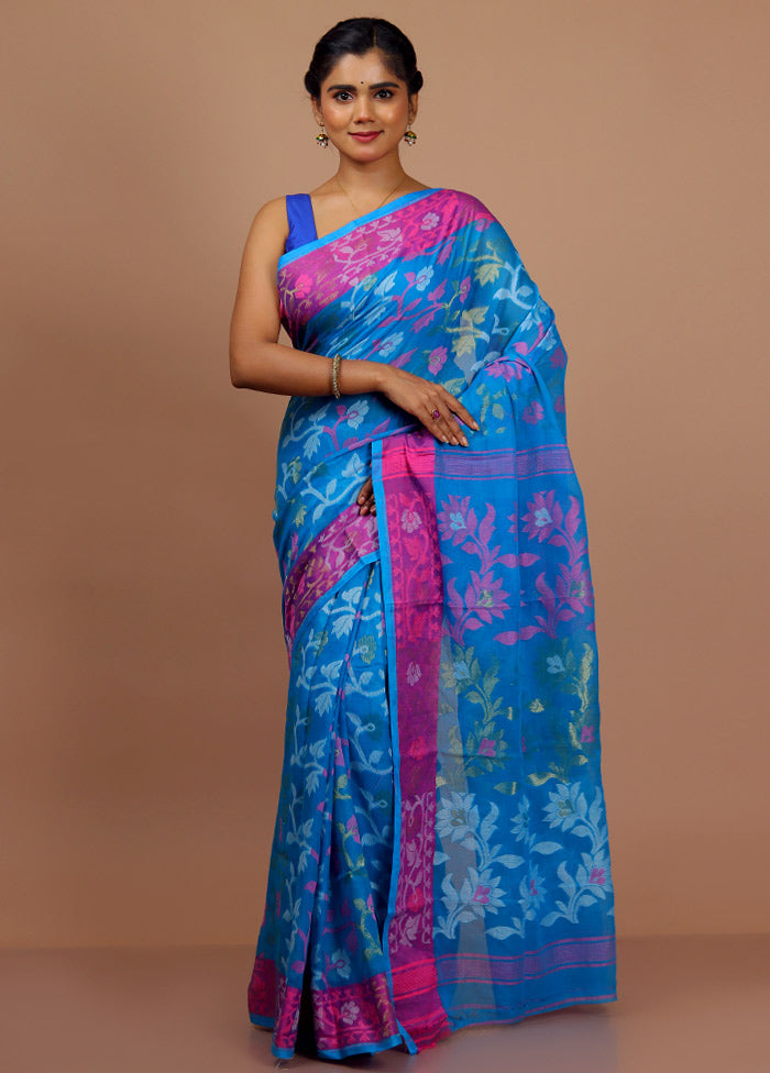 Blue Tant Jamdani Saree With Blouse Piece