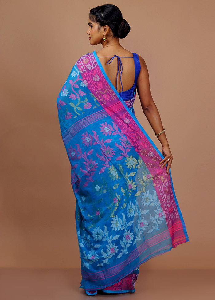 Blue Tant Jamdani Saree With Blouse Piece