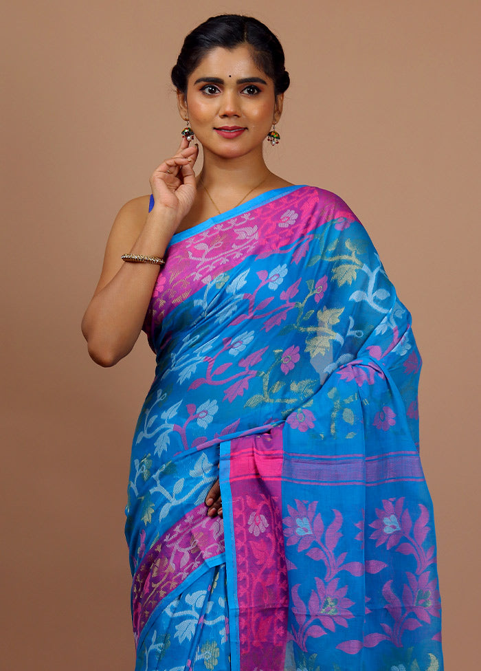 Blue Tant Jamdani Saree With Blouse Piece