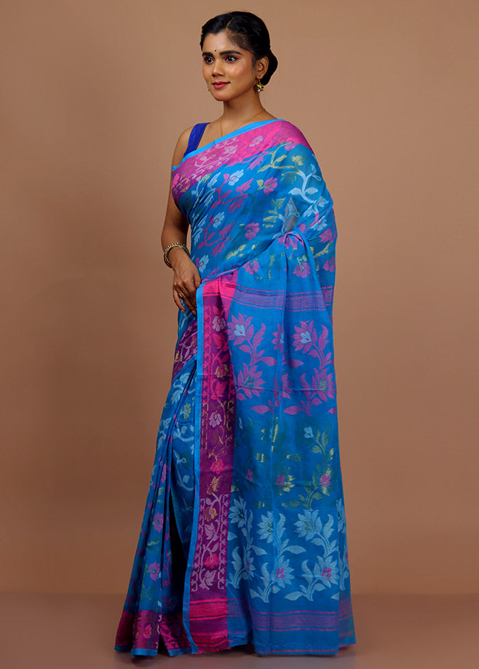 Blue Tant Jamdani Saree With Blouse Piece