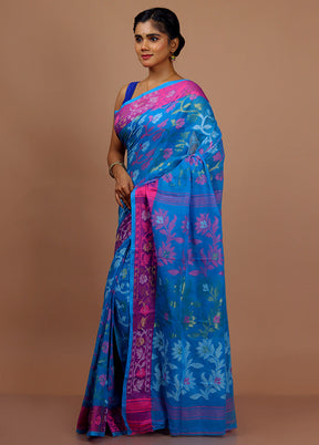 Blue Tant Jamdani Saree With Blouse Piece