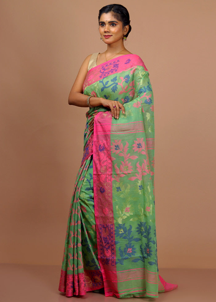 Green Cotton Saree With Blouse Piece - Indian Silk House Agencies