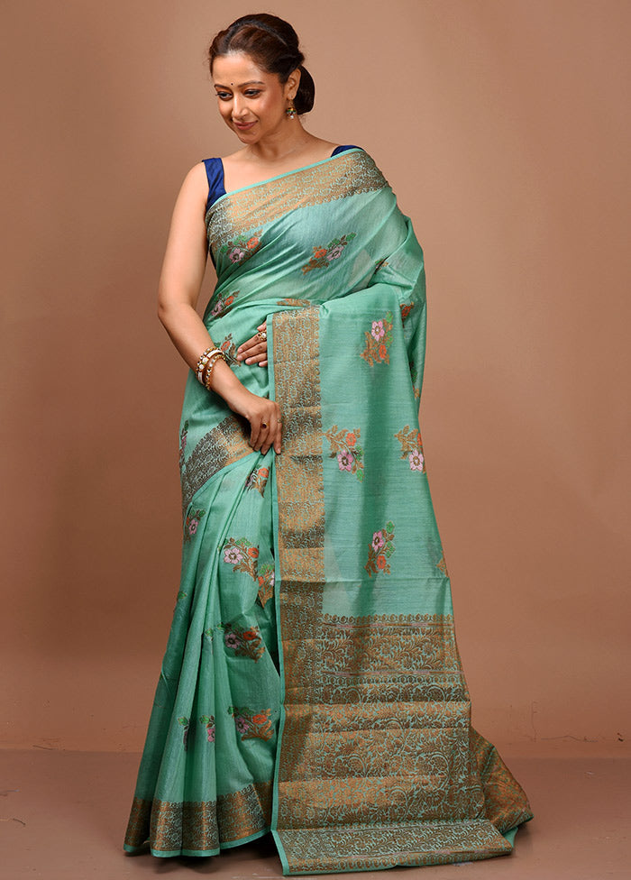 Sea Green Dupion Silk Saree With Blouse Piece - Indian Silk House Agencies