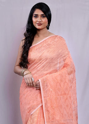 Peach Tant Jamdani Saree Without Blouse Piece - Indian Silk House Agencies