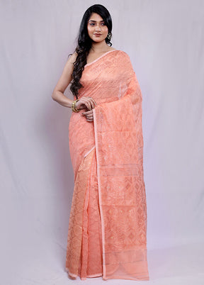 Peach Tant Jamdani Saree Without Blouse Piece - Indian Silk House Agencies