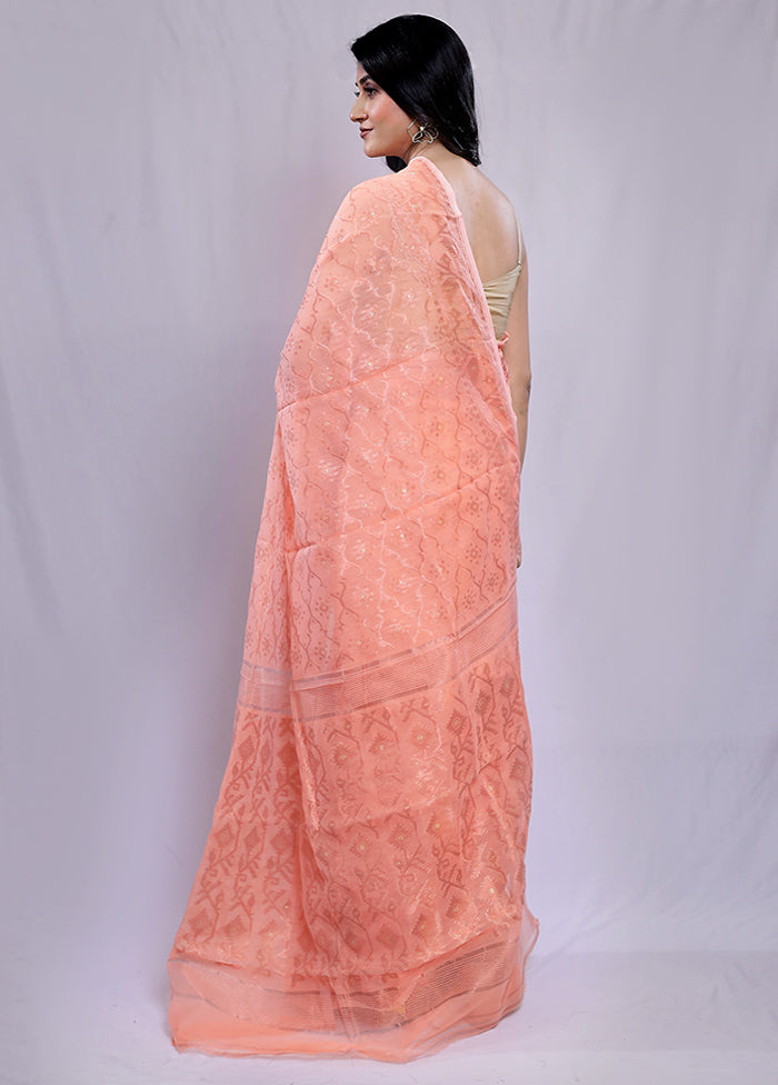 Peach Tant Jamdani Saree Without Blouse Piece - Indian Silk House Agencies