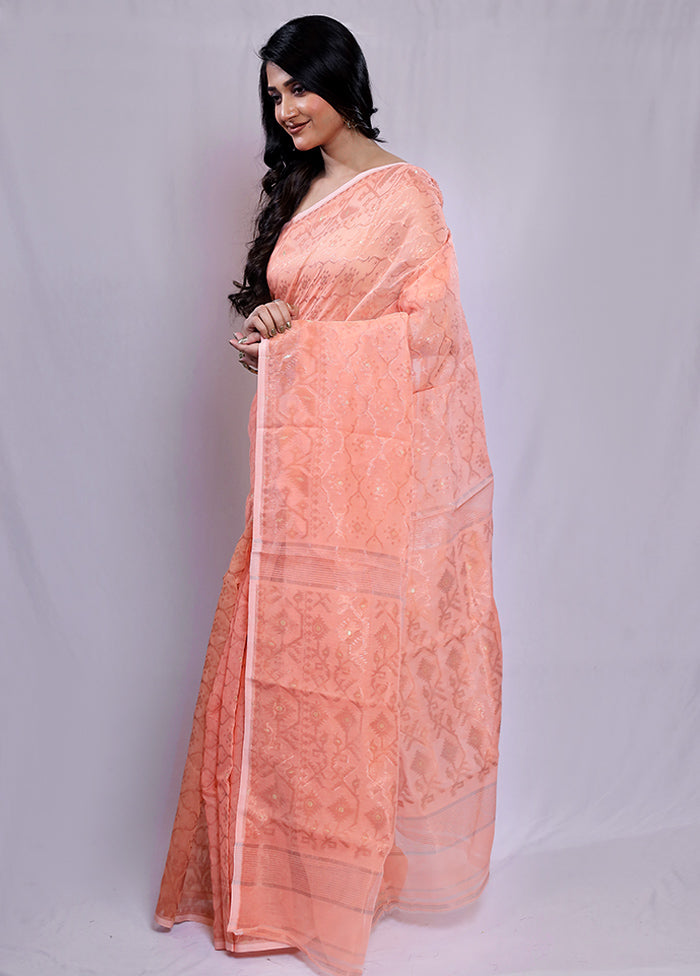 Peach Tant Jamdani Saree Without Blouse Piece - Indian Silk House Agencies