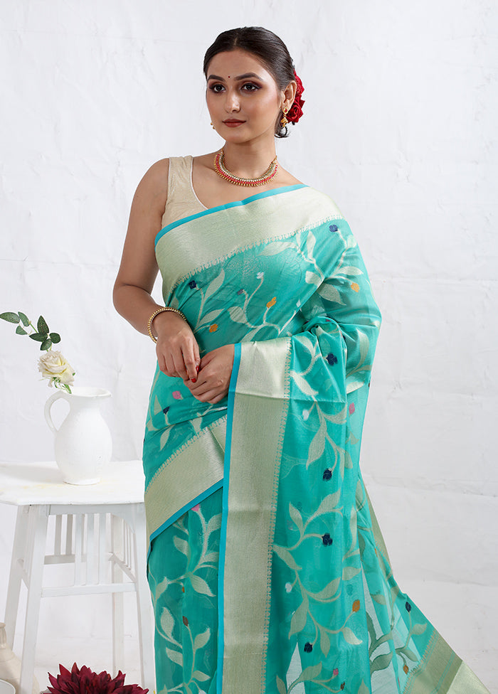 Sky Blue Cotton Saree With Blouse Piece - Indian Silk House Agencies