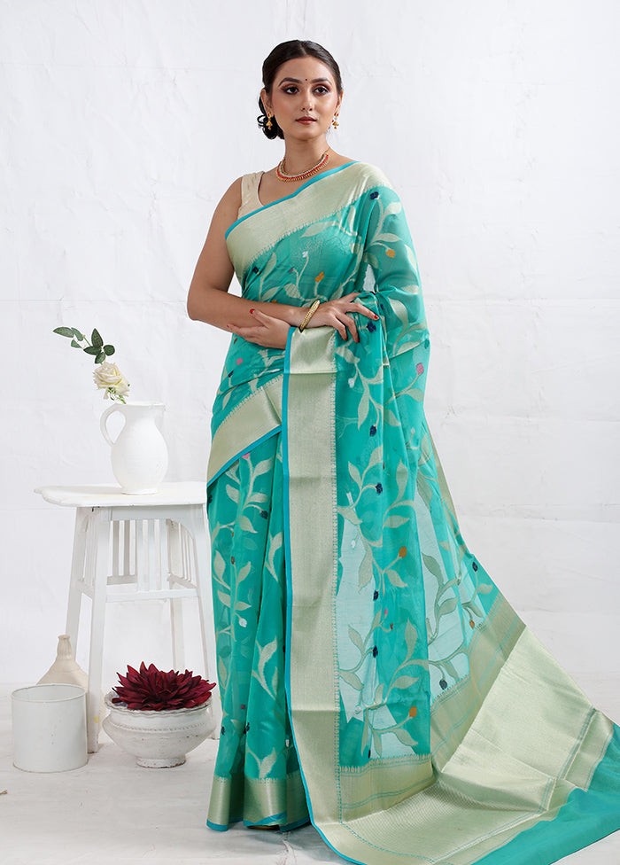 Sky Blue Cotton Saree With Blouse Piece - Indian Silk House Agencies