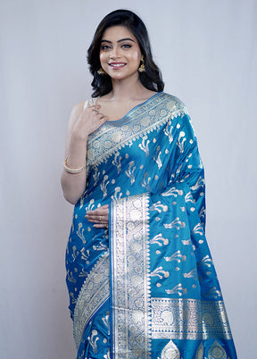 Blue Banarasi Silk Saree With Blouse Piece - Indian Silk House Agencies