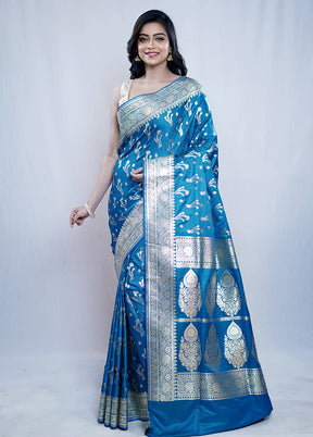 Blue Banarasi Silk Saree With Blouse Piece - Indian Silk House Agencies