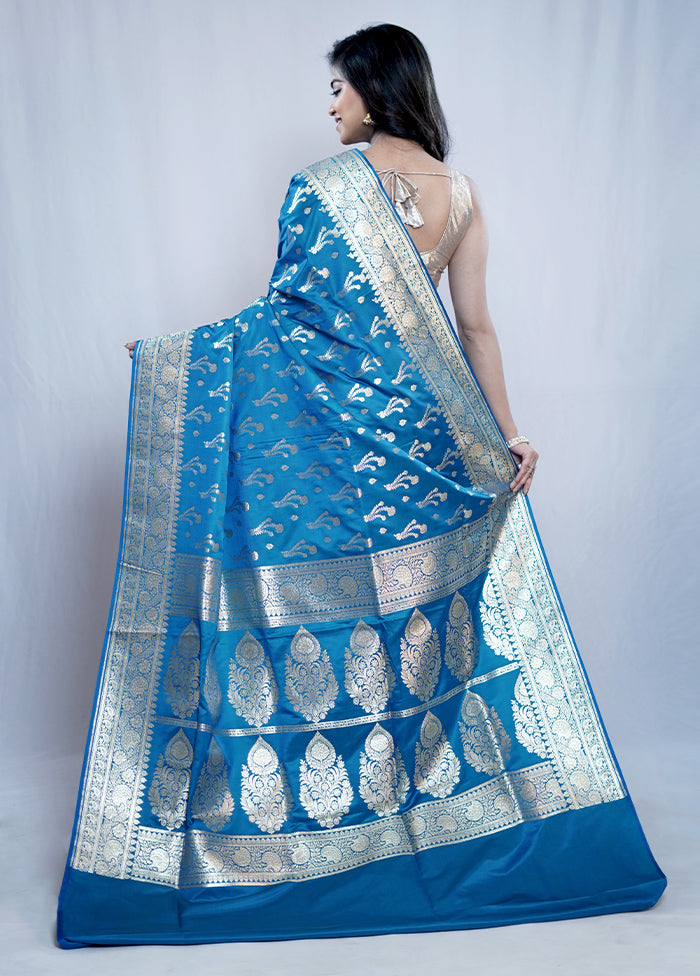 Blue Banarasi Silk Saree With Blouse Piece - Indian Silk House Agencies