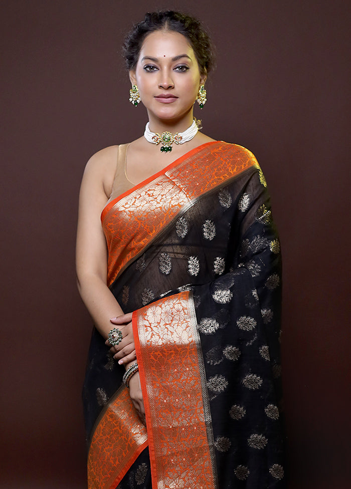 Black Dupion Silk Saree With Blouse Piece