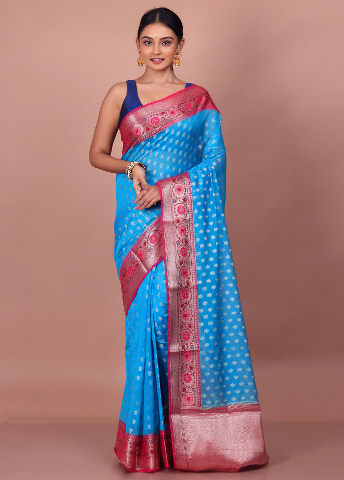 Sky Blue Dupion Silk Saree With Blouse Piece