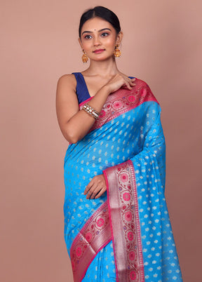 Sky Blue Dupion Silk Saree With Blouse Piece