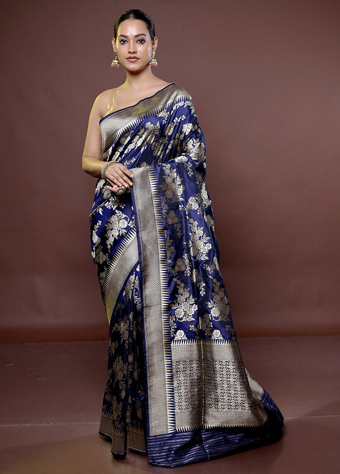 Blue Handloom Katan Pure Silk Saree With Blouse Piece