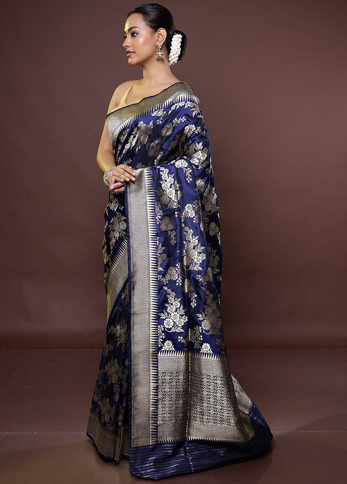 Blue Handloom Katan Pure Silk Saree With Blouse Piece