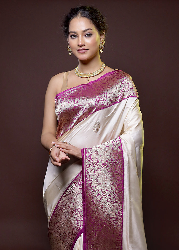 Cream Handloom Katan Pure Silk Saree With Blouse Piece