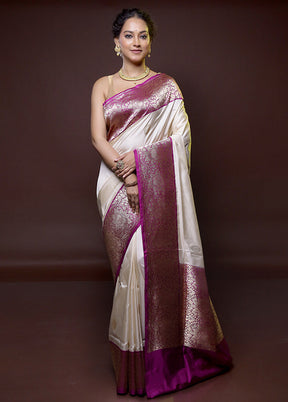 Cream Handloom Katan Pure Silk Saree With Blouse Piece