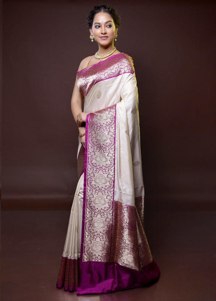 Cream Handloom Katan Pure Silk Saree With Blouse Piece