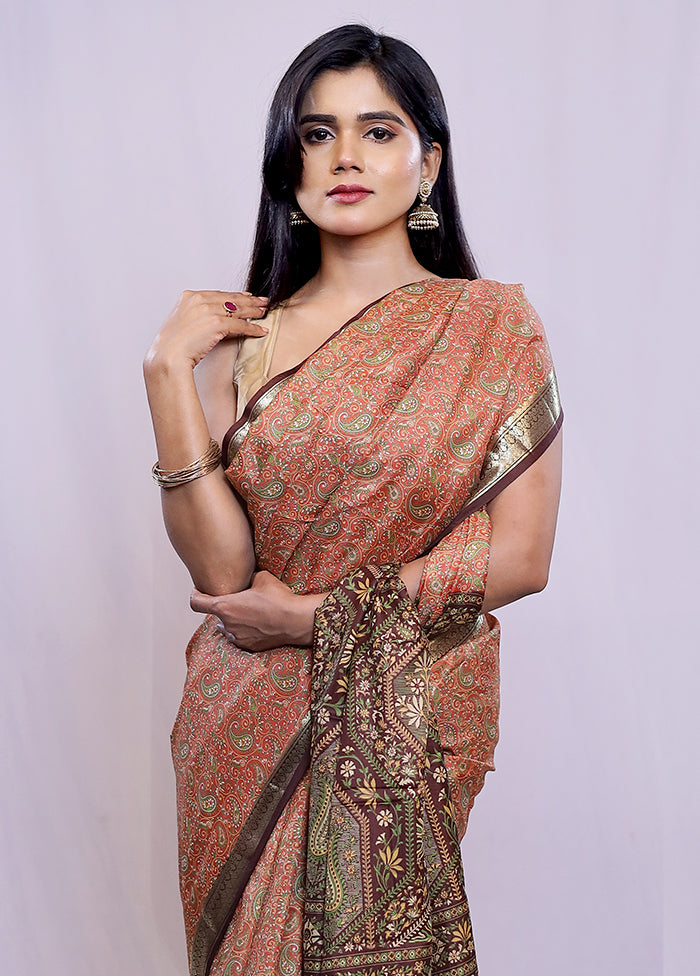 Rust Printed Pure Silk Saree With Blouse Piece - Indian Silk House Agencies