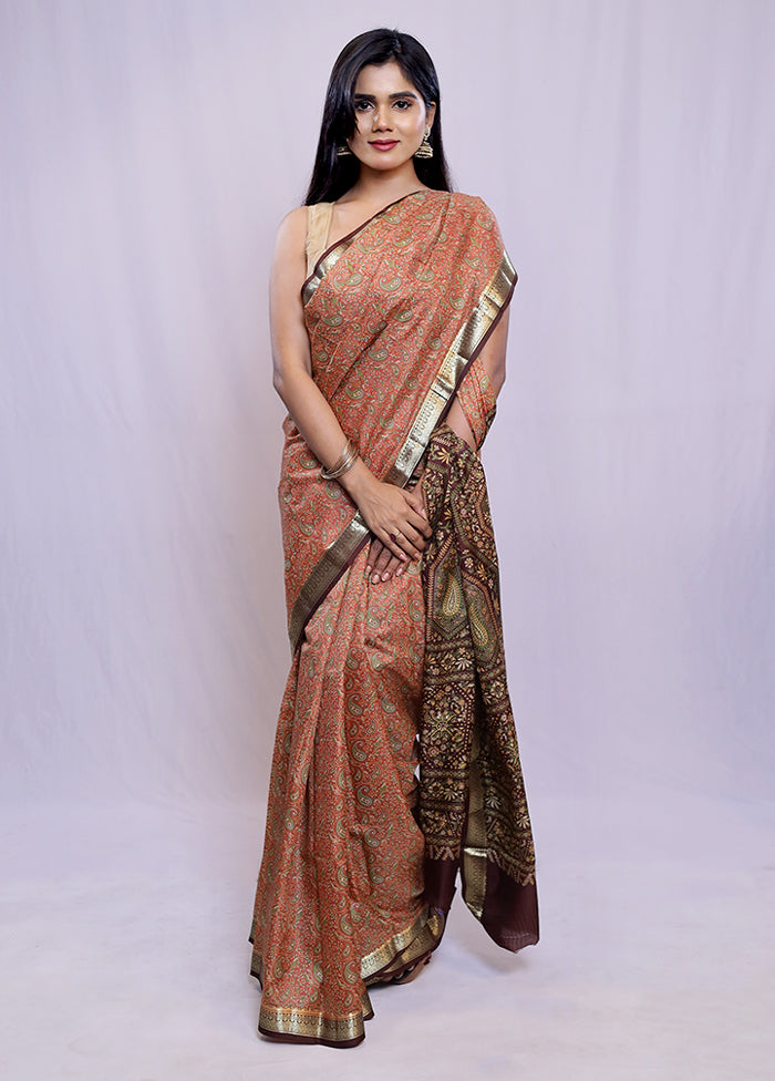 Rust Printed Pure Silk Saree With Blouse Piece - Indian Silk House Agencies