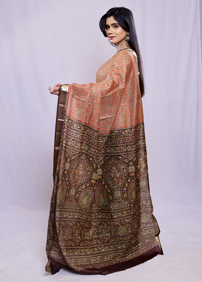 Rust Printed Pure Silk Saree With Blouse Piece - Indian Silk House Agencies