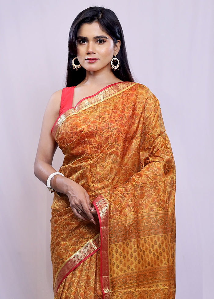 Yellow Printed Pure Silk Saree With Blouse Piece - Indian Silk House Agencies