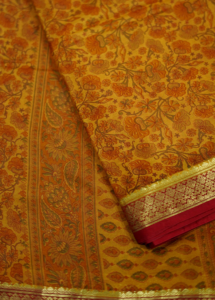 Yellow Printed Pure Silk Saree With Blouse Piece - Indian Silk House Agencies