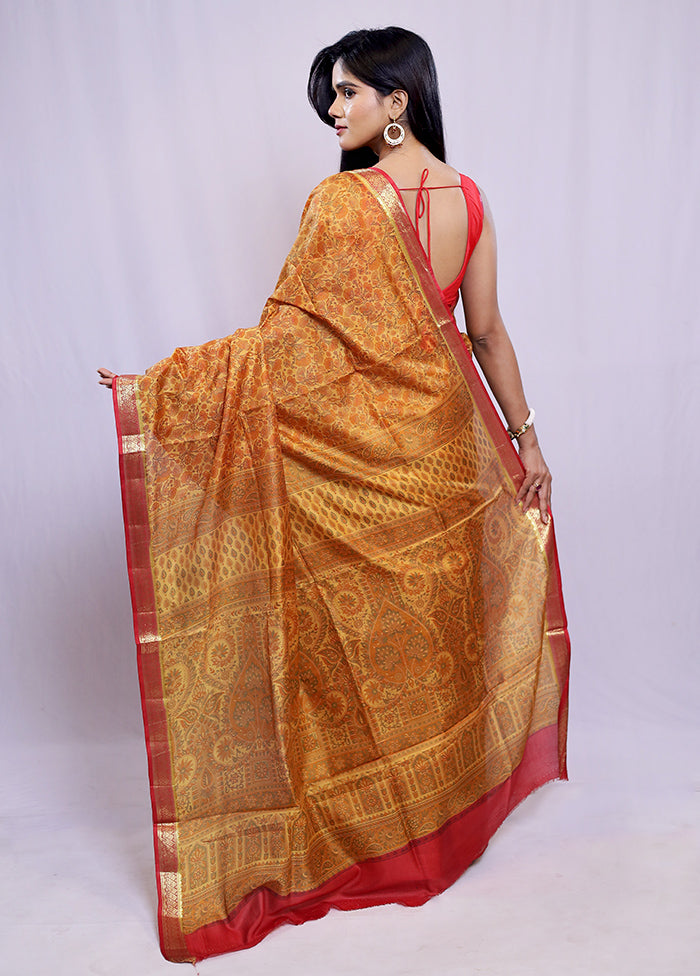 Yellow Printed Pure Silk Saree With Blouse Piece - Indian Silk House Agencies