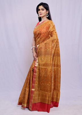 Yellow Printed Pure Silk Saree With Blouse Piece - Indian Silk House Agencies