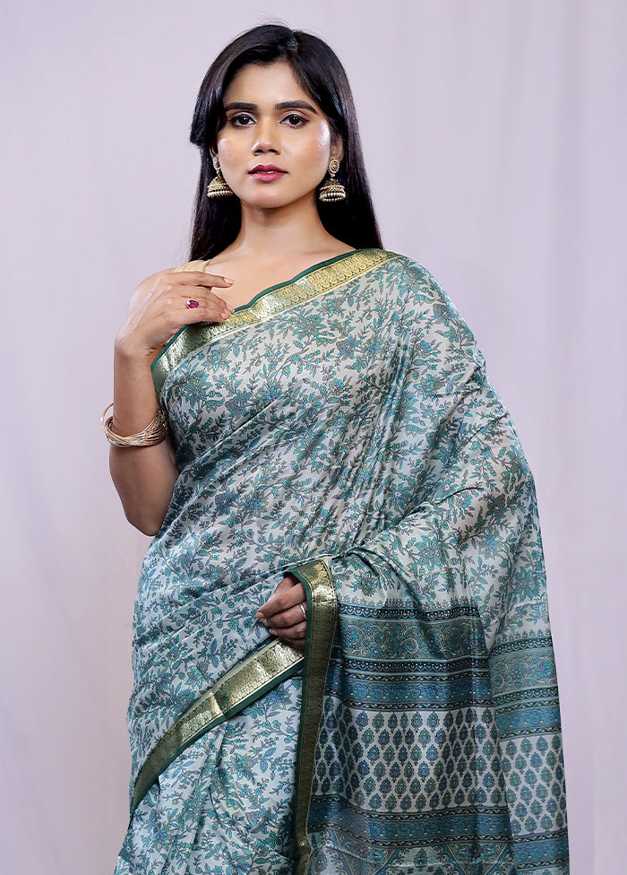 Green Printed Pure Silk Saree With Blouse Piece - Indian Silk House Agencies