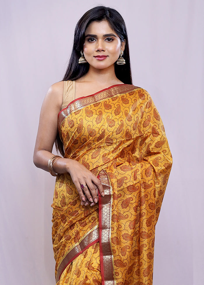 Yellow Printed Pure Silk Saree With Blouse Piece - Indian Silk House Agencies