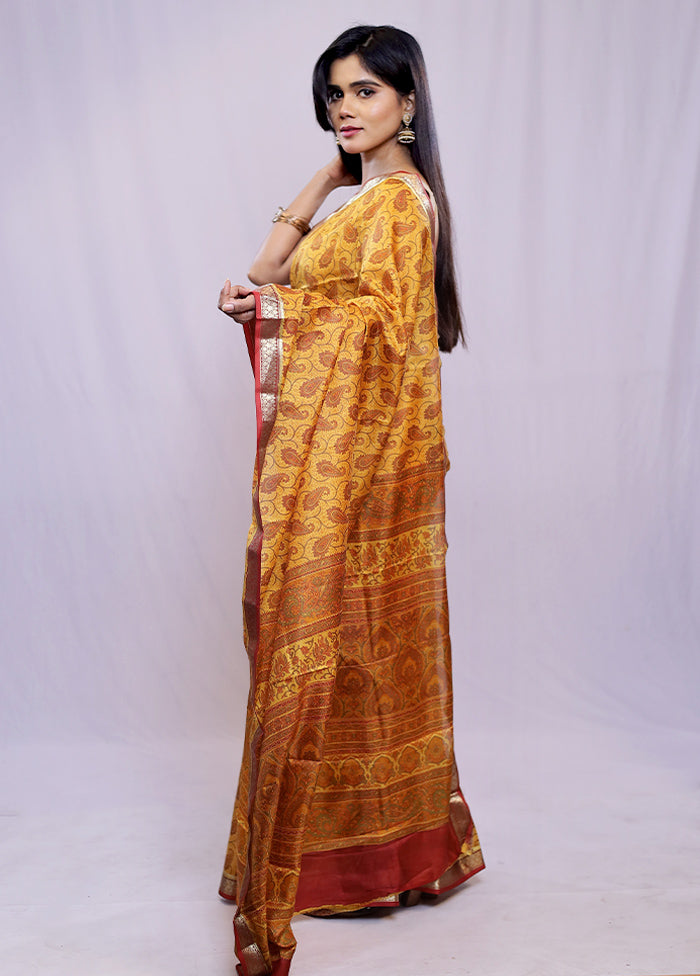 Yellow Printed Pure Silk Saree With Blouse Piece - Indian Silk House Agencies