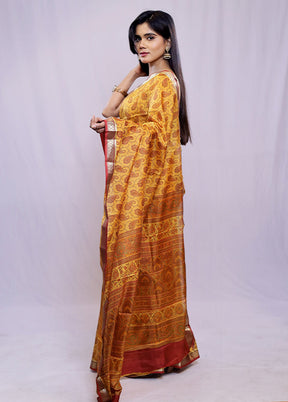 Yellow Printed Pure Silk Saree With Blouse Piece - Indian Silk House Agencies