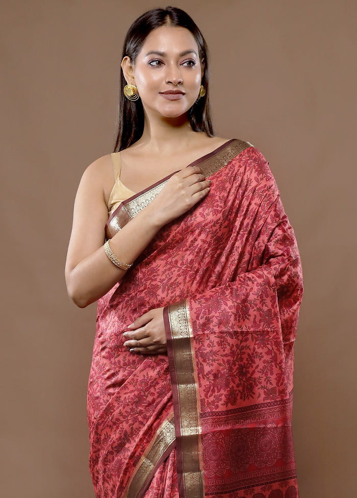 Pink Printed Pure Silk Saree With Blouse Piece - Indian Silk House Agencies