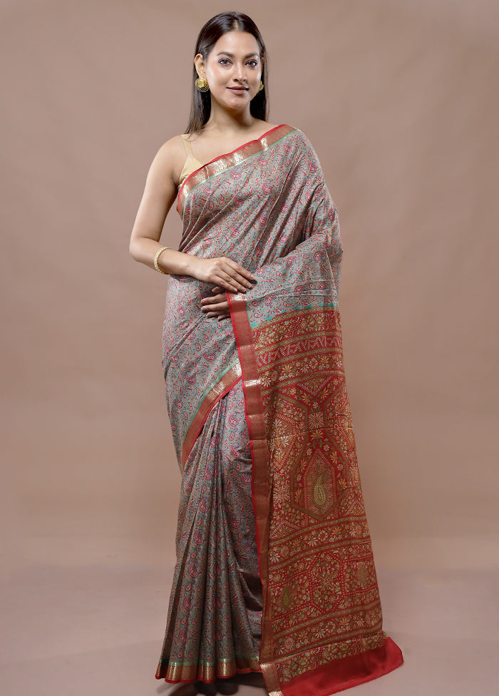 Green Printed Pure Silk Saree With Blouse Piece - Indian Silk House Agencies