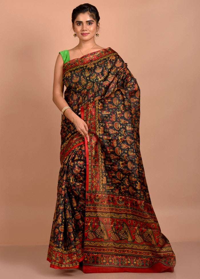 Black Printed Pure Silk Saree With Blouse Piece - Indian Silk House Agencies